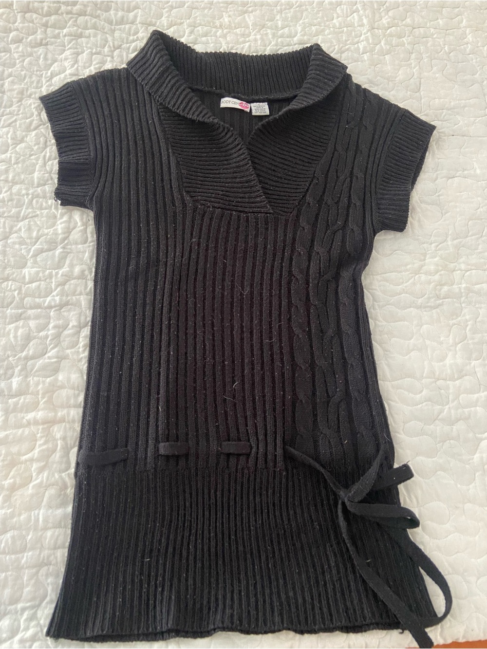 Body Central Black Ribbed Short-Sleeve Sweater Tunic with Side Tie
